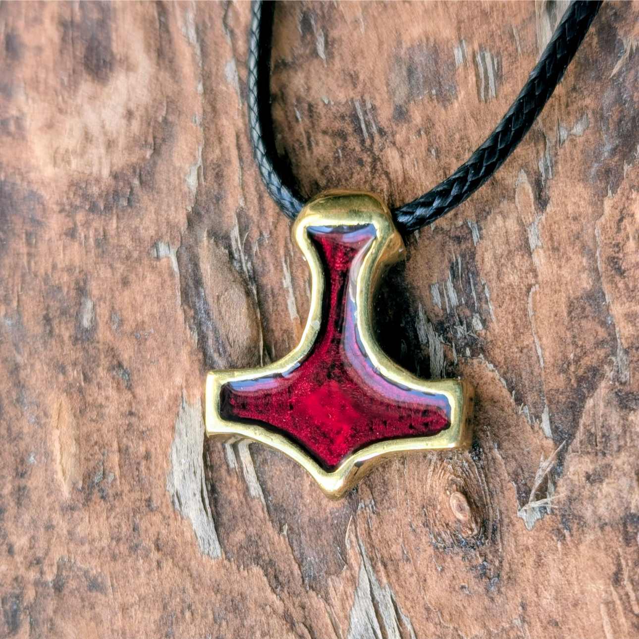 Handmade Brass Mjolnir with Red Enamel – Miniature Viking Thor’s Hammer Pendant | AlgizRune Collection