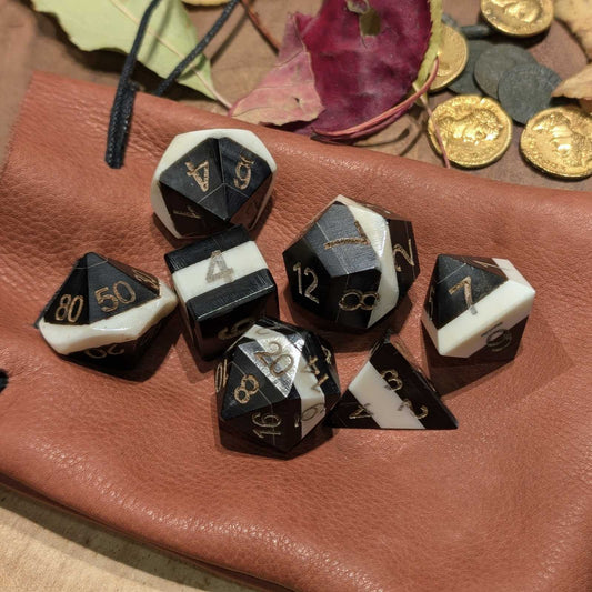 Hand-Carved Bone & Buffalo Horn DnD Dice Set with Leather Bag