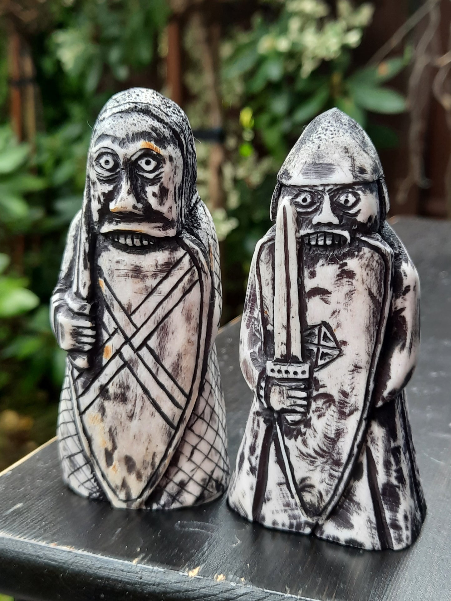 Hand-Carved Lewis Chessmen Rook Replica – Berserker with Sword & Shield