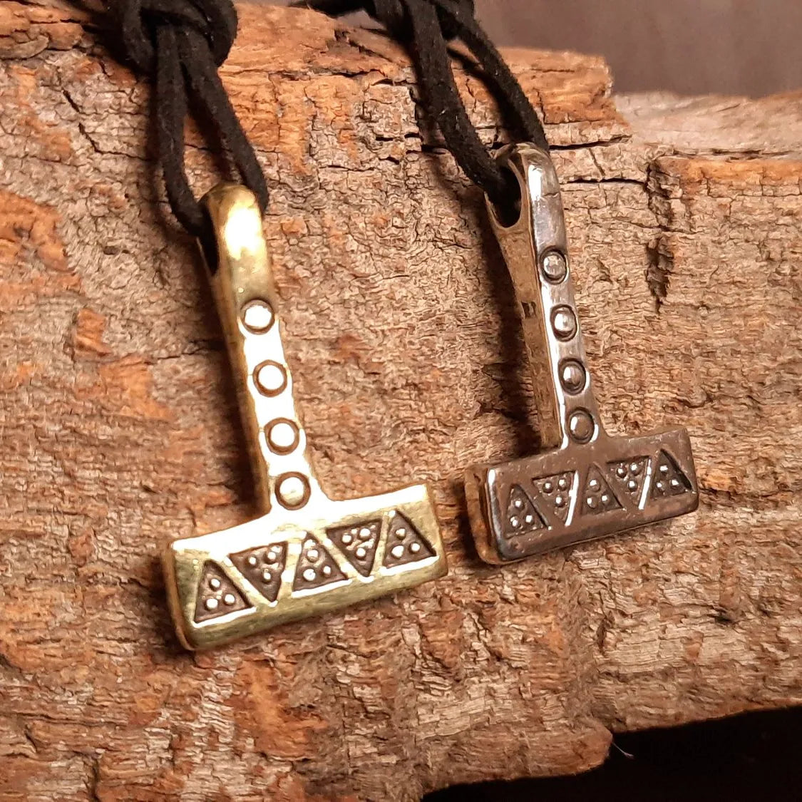 Mjolnir Necklace – Thor’s Hammer with Wolf Tooth and Solar Symbols - Pewter / Brass