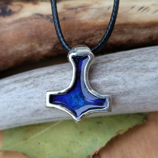 Mjölnir Pewter Pendant with Blue Enamel, Viking-Style Thor’s Hammer