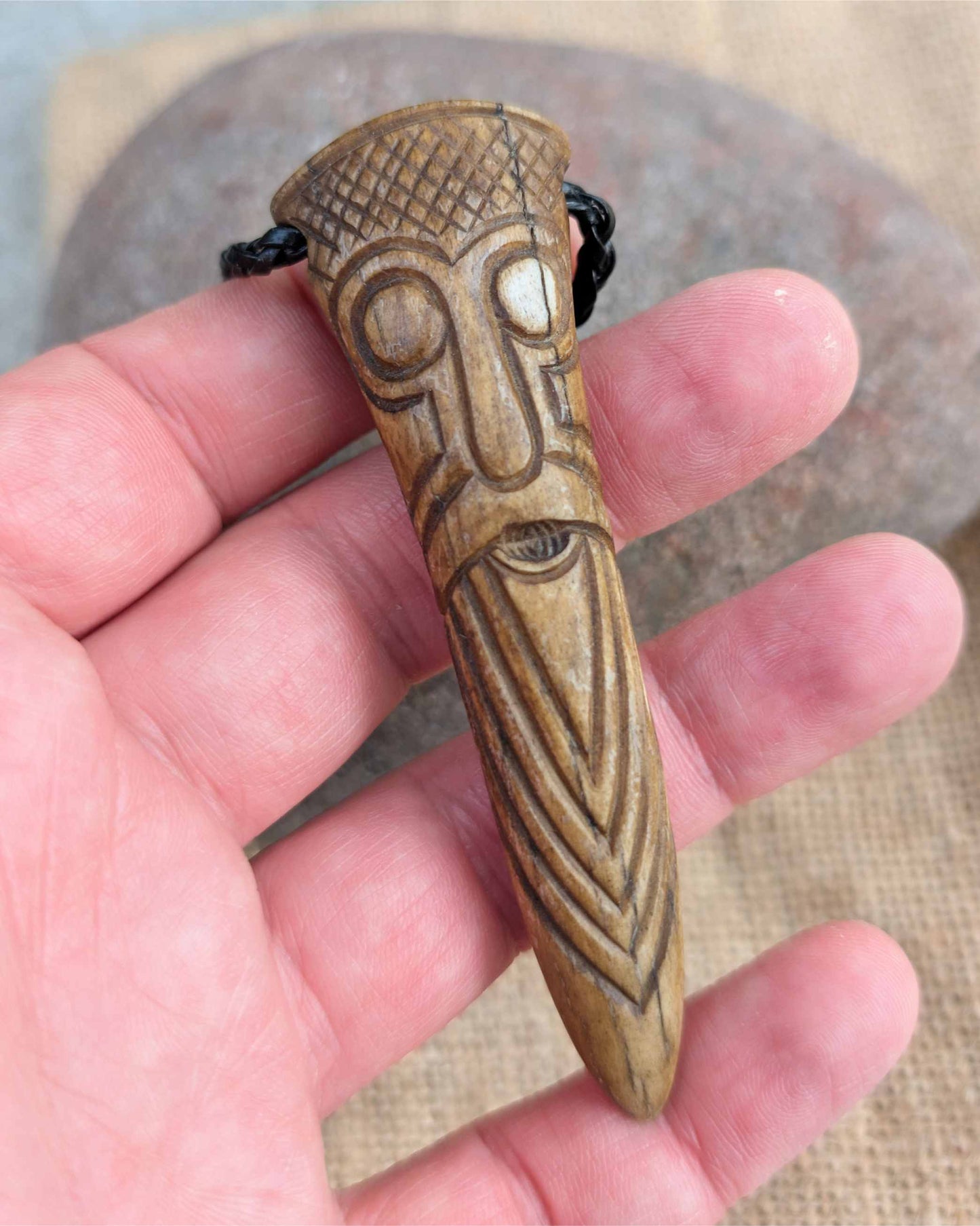 Odin Face Moose Antler Pendant, Hand-Carved Viking-Style Amulet