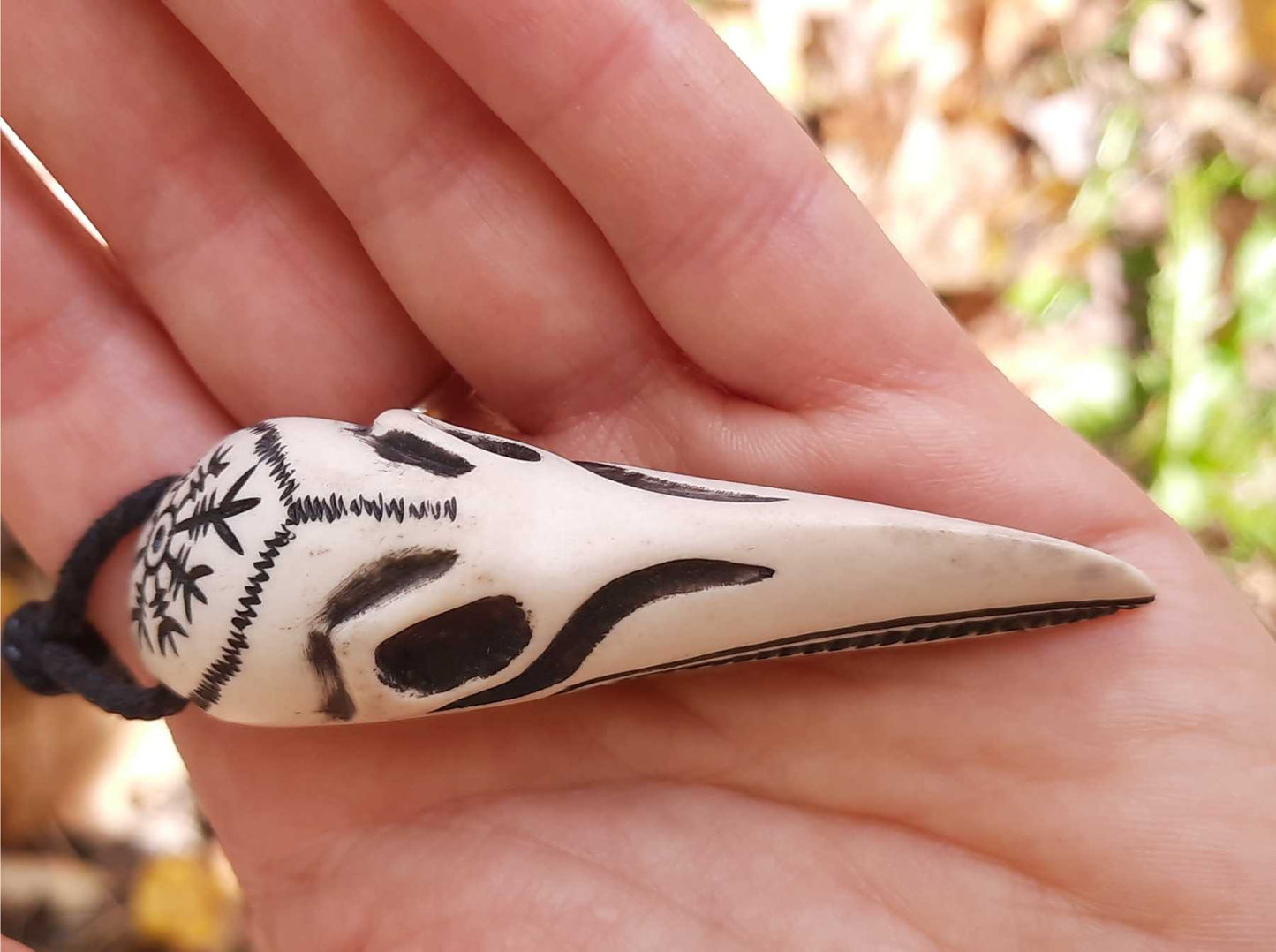 Raven Skull Moose Antler Pendant with Helm of Awe, Hand-Carved Amulet