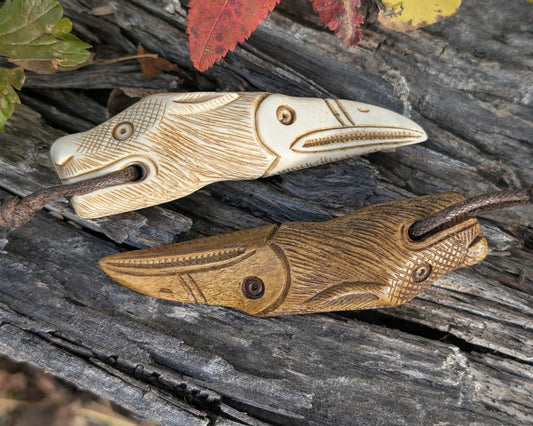 Raven–Wolf Moose Antler Pendant, Hand-Carved Viking-Style Amulet