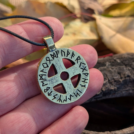 Norse Sun Cross Amulet with Runic Alphabet – Hand-Forged Brass or Pewter