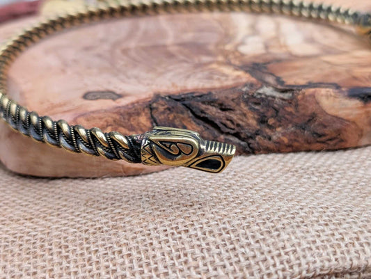Gotland-Style Viking Torque with Wolf Head Terminals, Twisted Brass Neck Ring