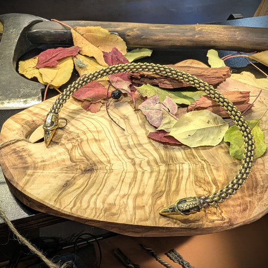 Six-Rod Viking Torque with Raven Head Terminals, Hand-Woven Brass Neck Ring