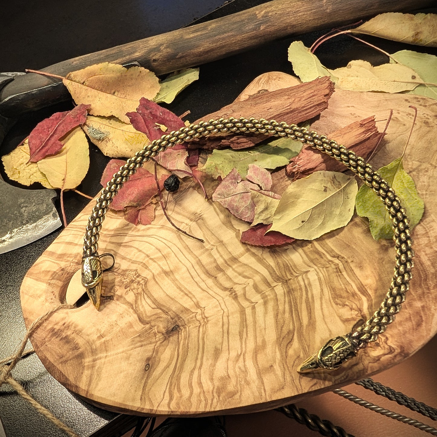 Six-Rod Viking Torque with Raven Head Terminals, Hand-Woven Brass Neck Ring