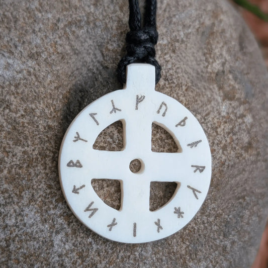 Norse Sun Cross Pendant with Runes – Hand-Carved Bone Odin Cross