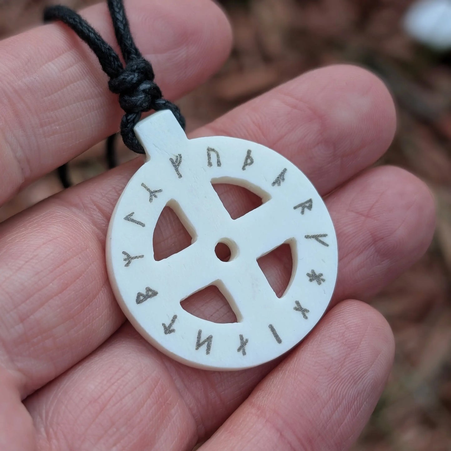 Norse Sun Cross Pendant with Runes – Hand-Carved Bone Odin Cross