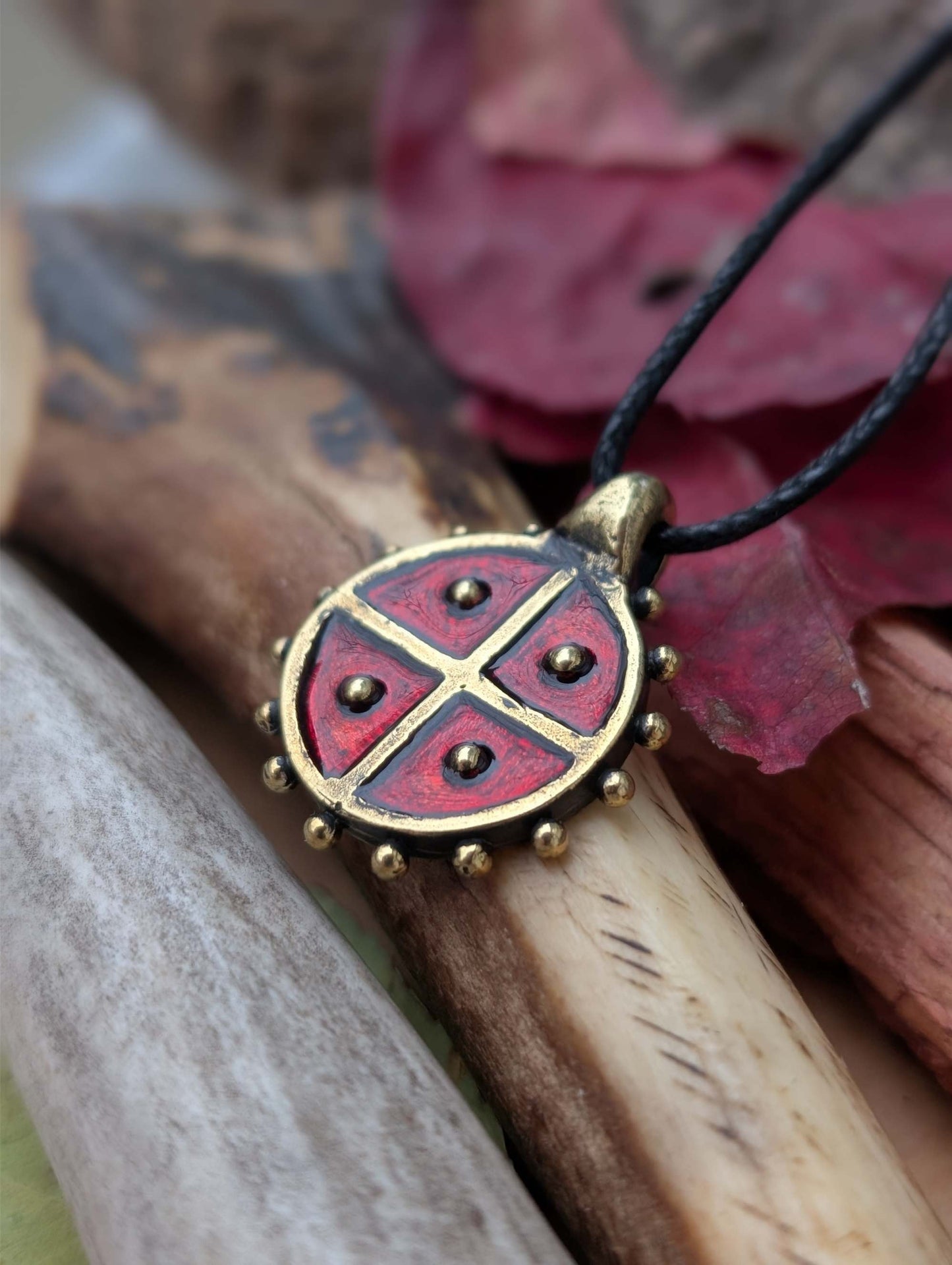Solar Amulet / Sun Cross Pendant with Red Enamel – Hand-Cast Brass | Algiz-Rune Art