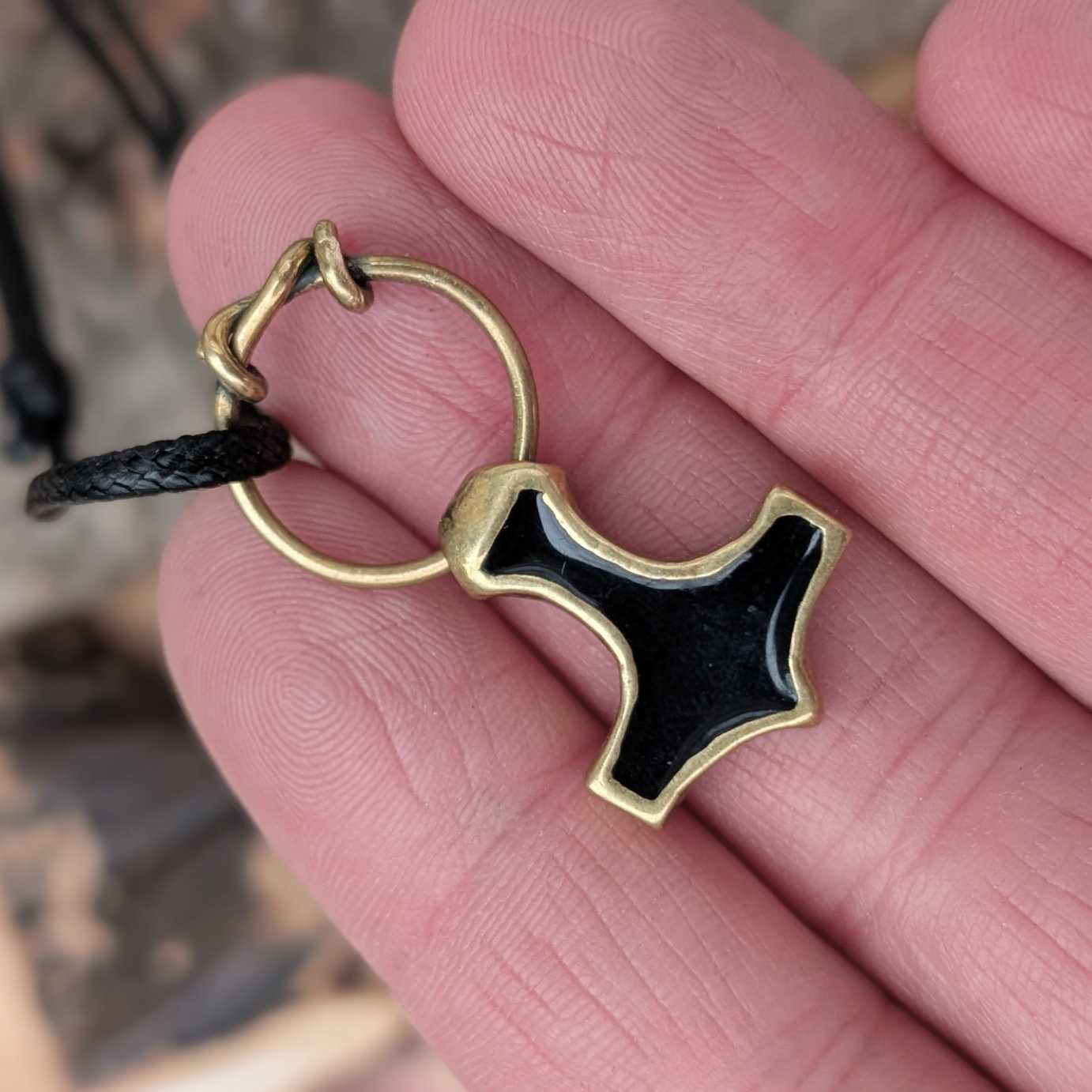 Mjölnir Pendant with Black Enamel and Ring Connector, Brass Thor’s Hammer