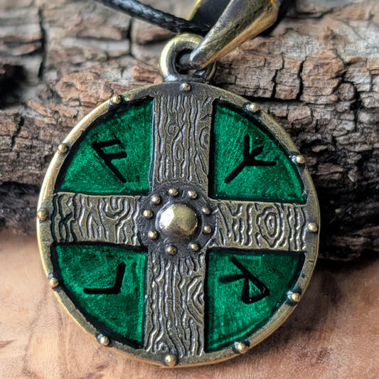 Viking Shield Pendant with Runes – Green Enamel Brass Amulet
