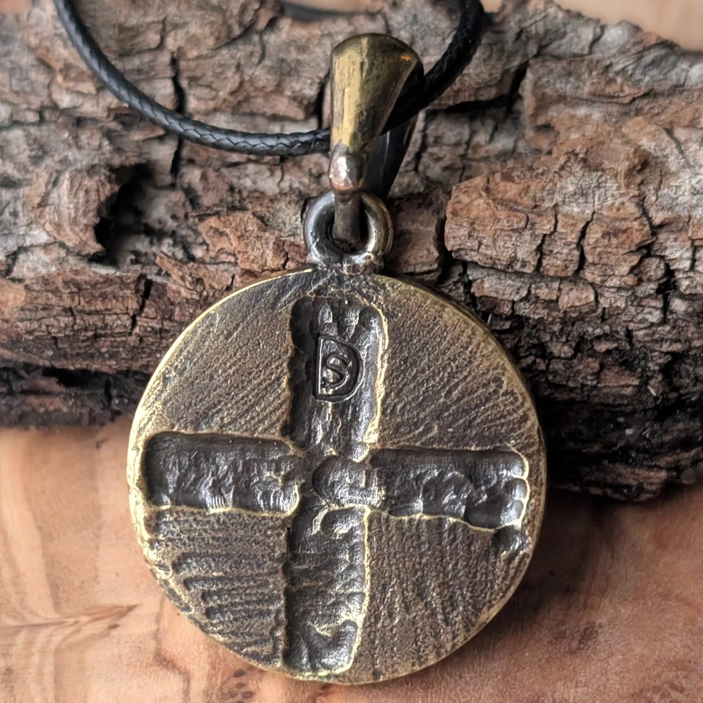 Viking Shield Pendant with Runes – Green Enamel Brass Amulet