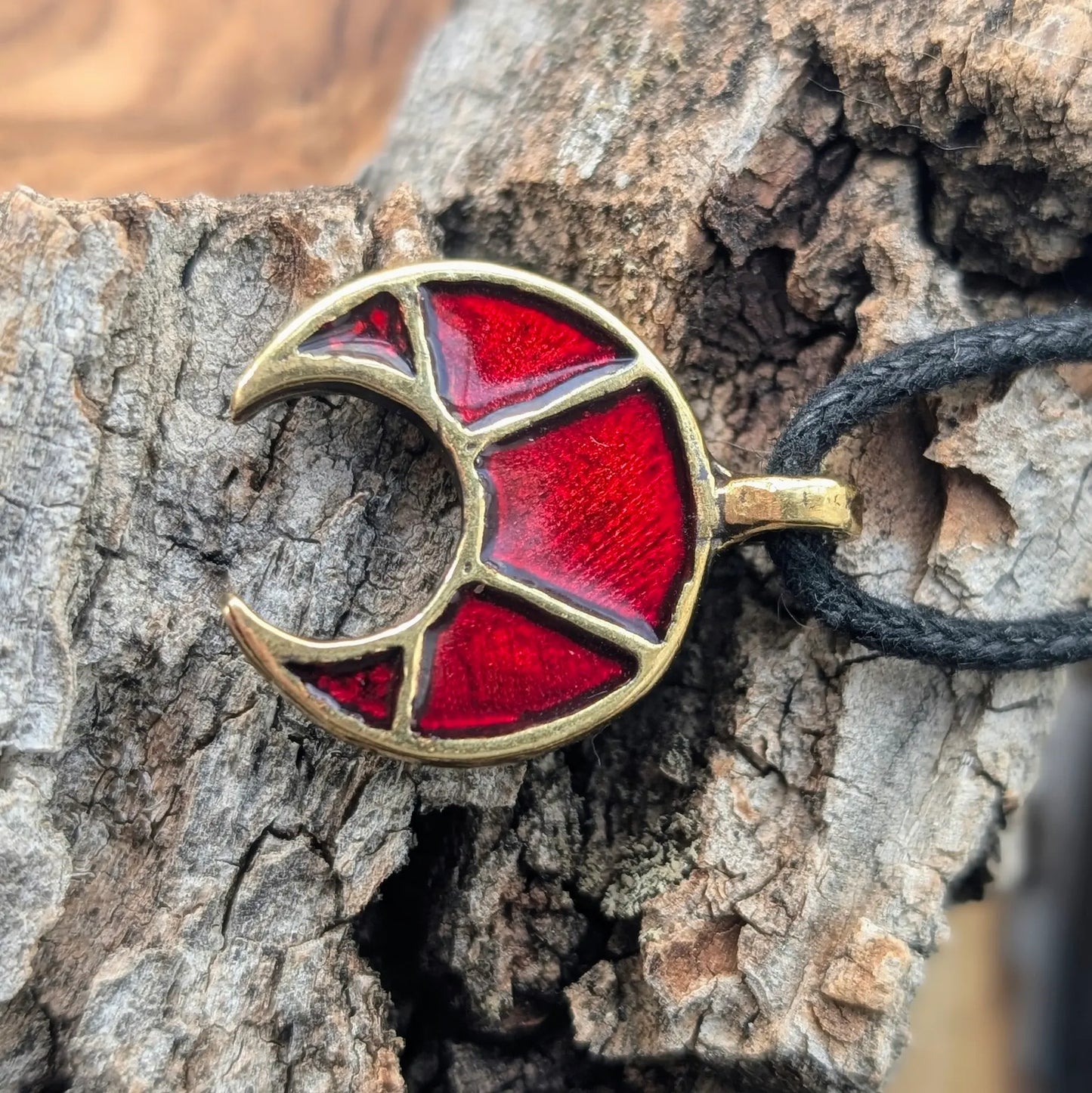 Viking / Slavic Lunula Pendant with Red Enamel – Brass