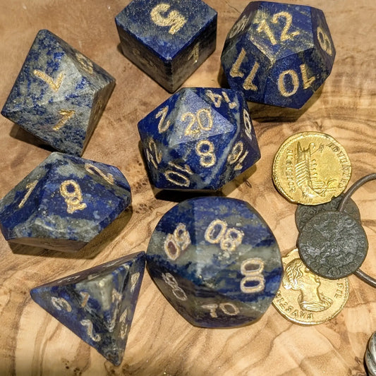 Hand-Carved Lapis Lazuli DnD Dice Set with Leather Bag