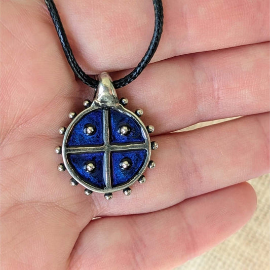 Blue Solar Cross Pendant – Hand-Cast Pewter Amulet | Algiz-Rune Art