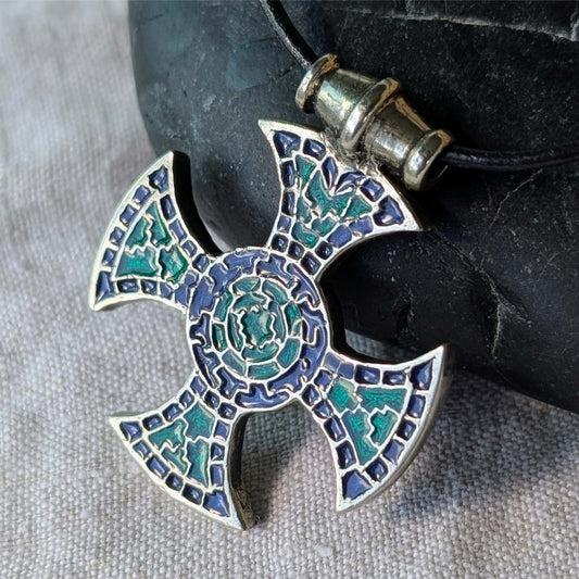 Ixworth Cross Pendant – Pewter with Blue & Green Mosaic Enamel | Algiz-Rune Art