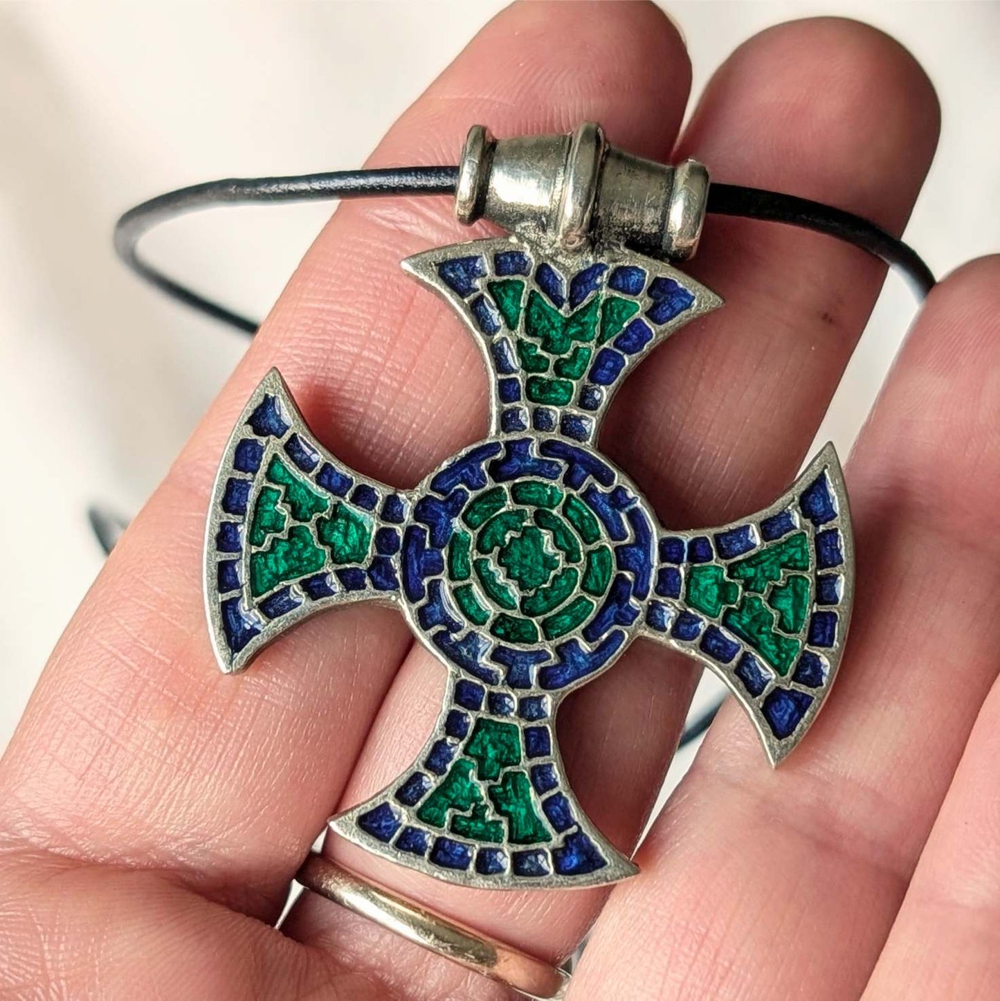 Ixworth Cross Pendant – Pewter with Blue & Green Mosaic Enamel | Algiz-Rune Art