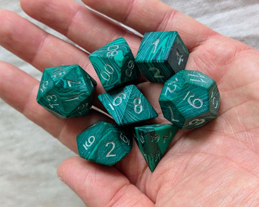 Hand-Carved Malachite DnD Dice Set with Leather Bag – Natural Stone RPG Dice