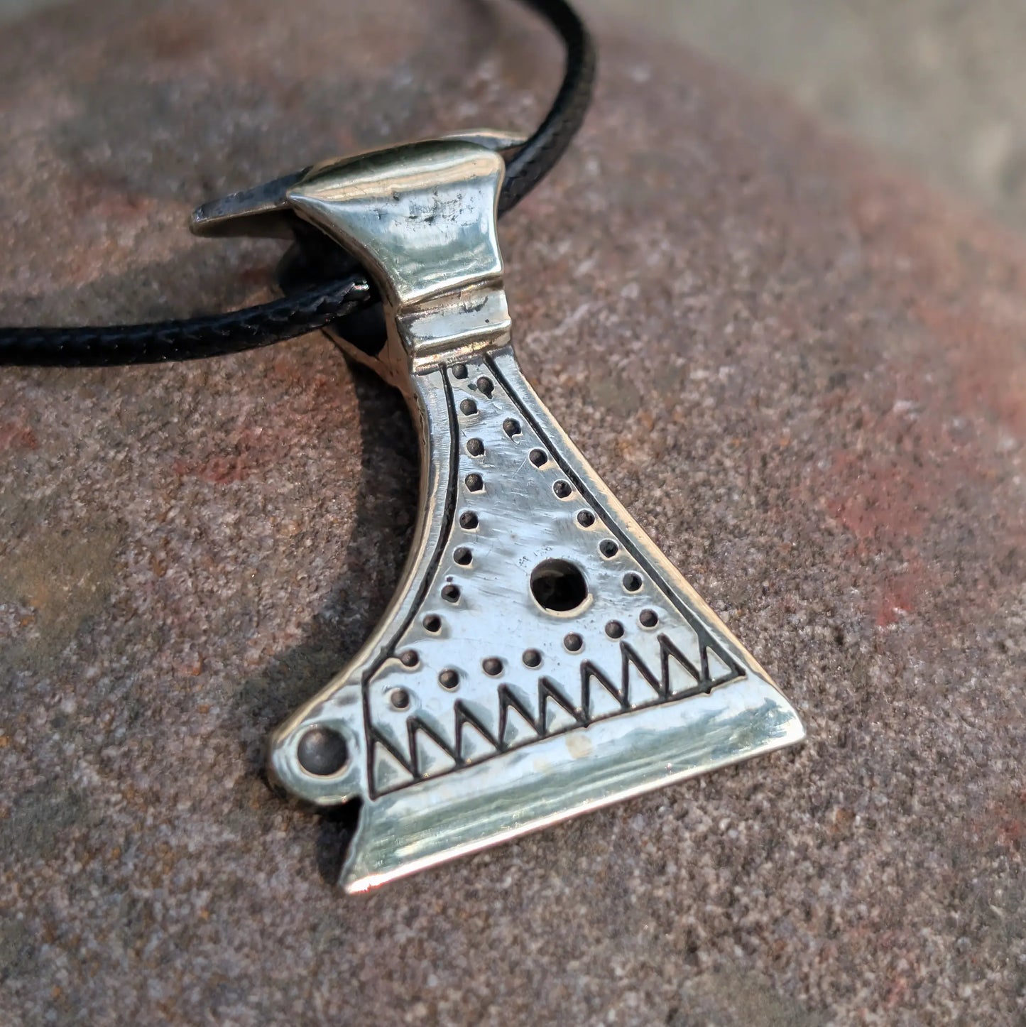 Battle Axe Necklace with Wolf Teeth and Solar Symbols – Viking and Slavic Amulet Replica, Brass or Pewter