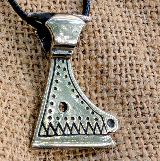 Battle Axe Necklace with Wolf Teeth and Solar Symbols – Viking and Slavic Amulet Replica, Brass or Pewter