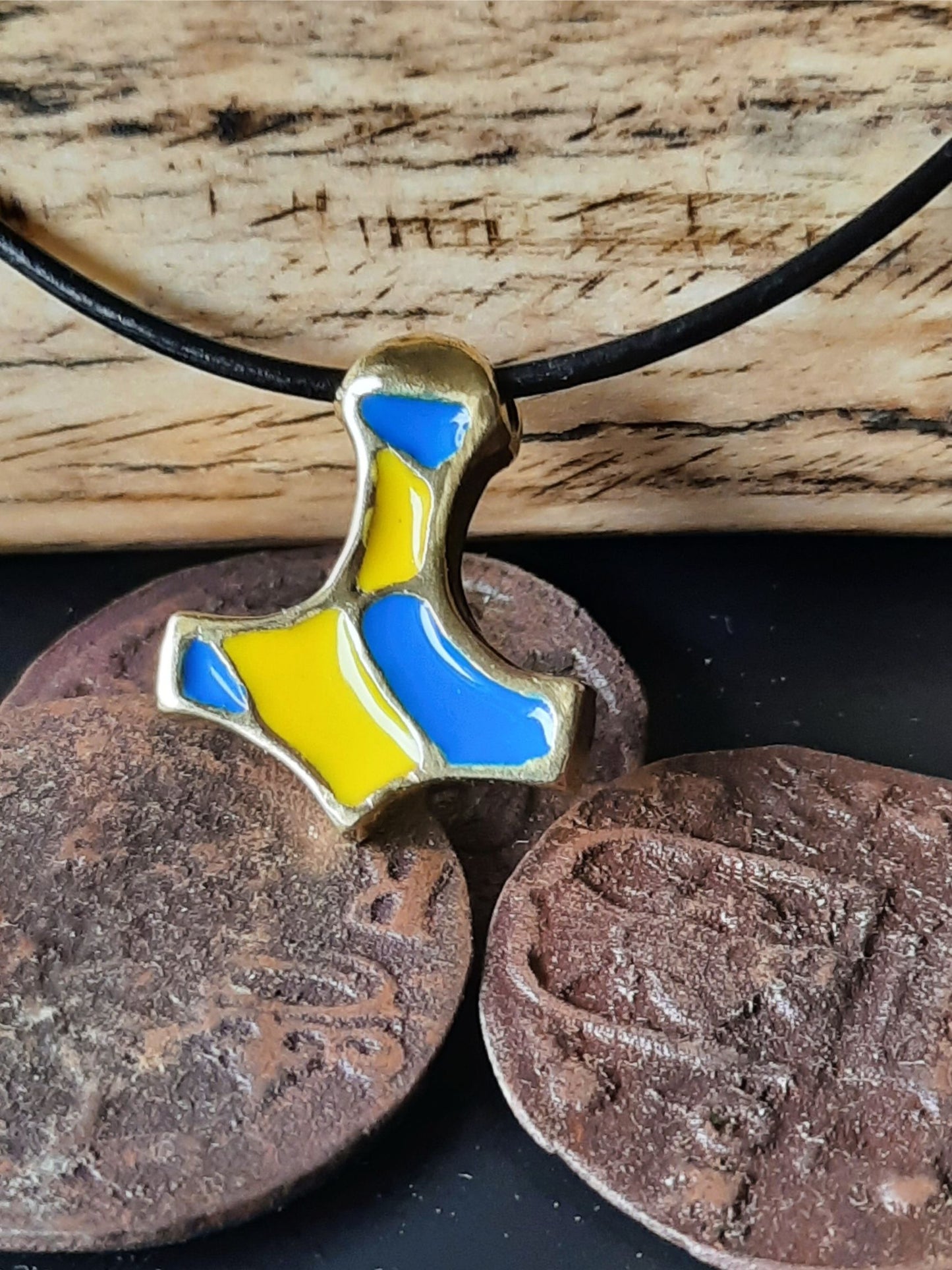 Mjolnir Pendant in Reclaimed Brass – Blue & Yellow Enamel (Ukraine)