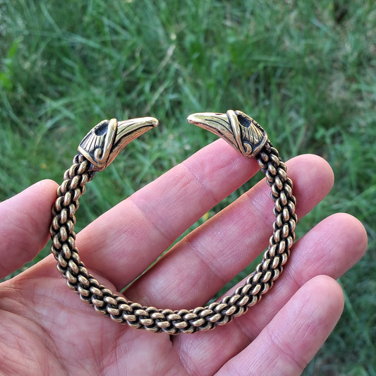 Hand-Woven Gotland Viking Bracelet – Six-Rod Oath Ring with Raven Heads