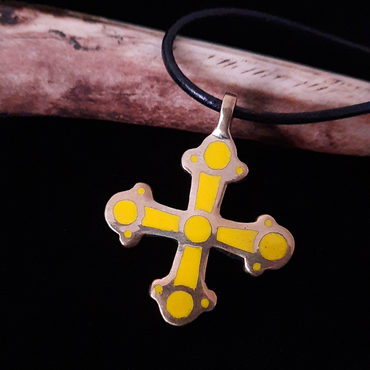 Kyivan Rus Cross with Yellow Enamel – Handmade Brass Pendant