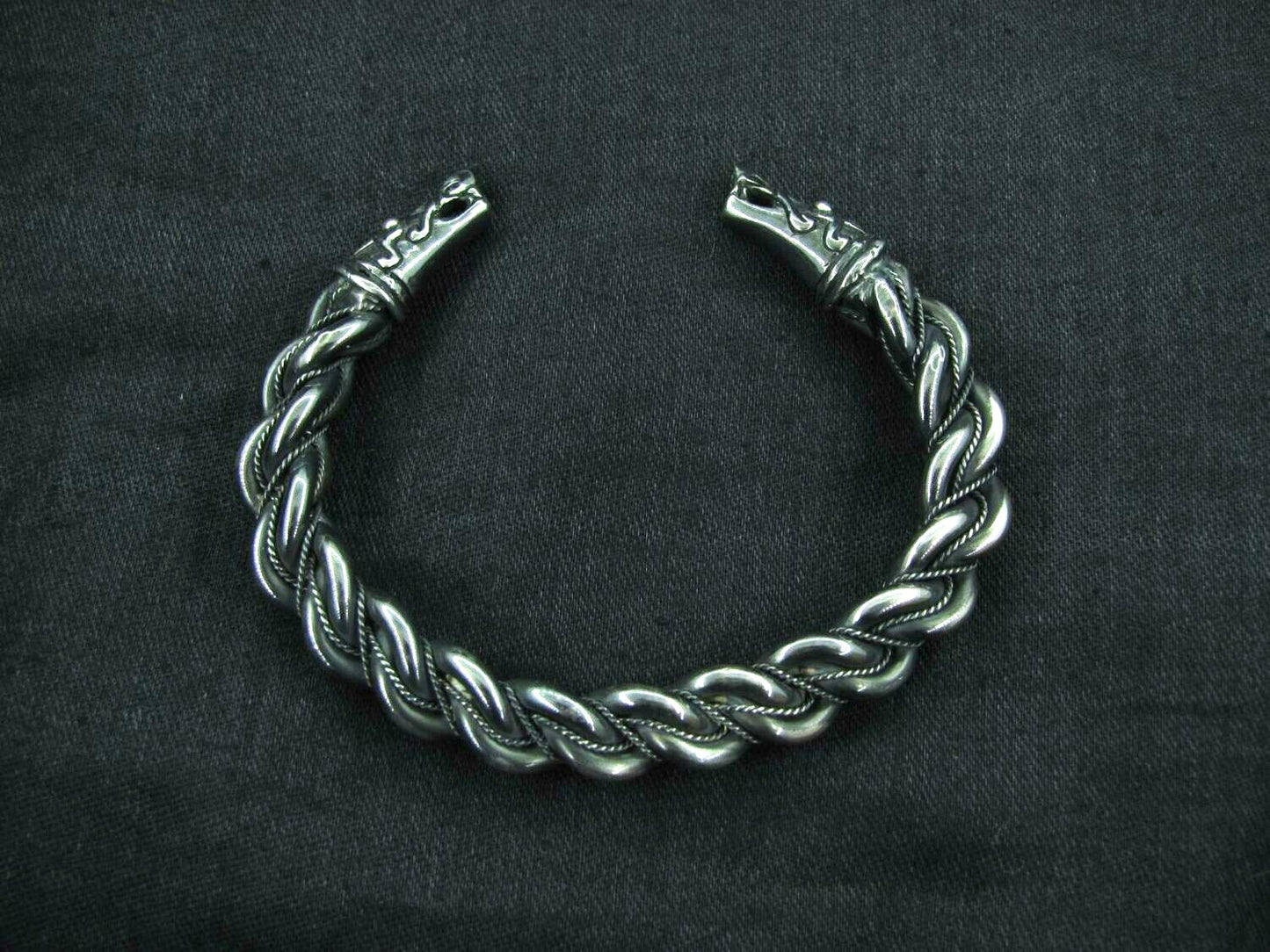 Massive Twisted Gotland Bracelet, Silver – Oath Ring with Dragon / Wolves Heads Terminals