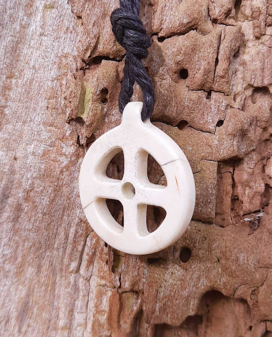 Sun Cross Moose Antler Pendant, Hand-Carved Solar Amulet