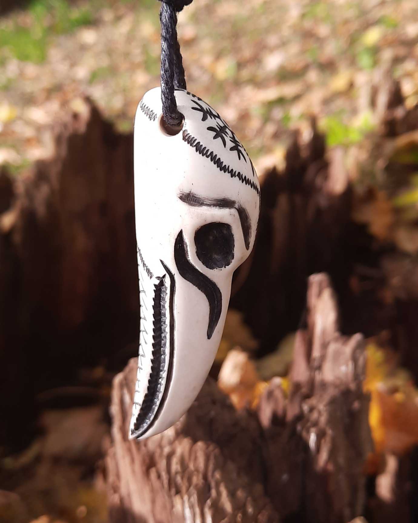 Raven Skull Moose Antler Pendant with Helm of Awe, Hand-Carved Amulet
