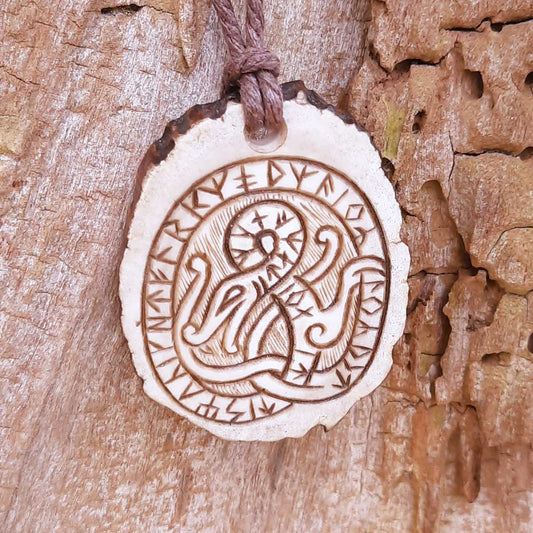 Jörmungandr Moose Antler Pendant, Hand-Carved Runestone-Inspired Amulet
