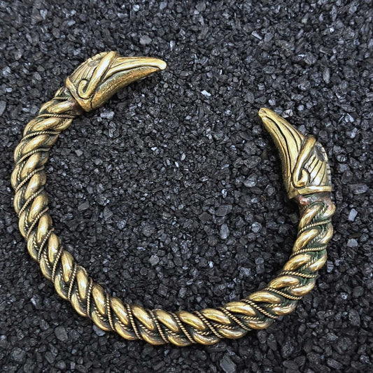 Gotland-Style Viking Bracelet with Raven Head Terminals, Twisted Brass Armring