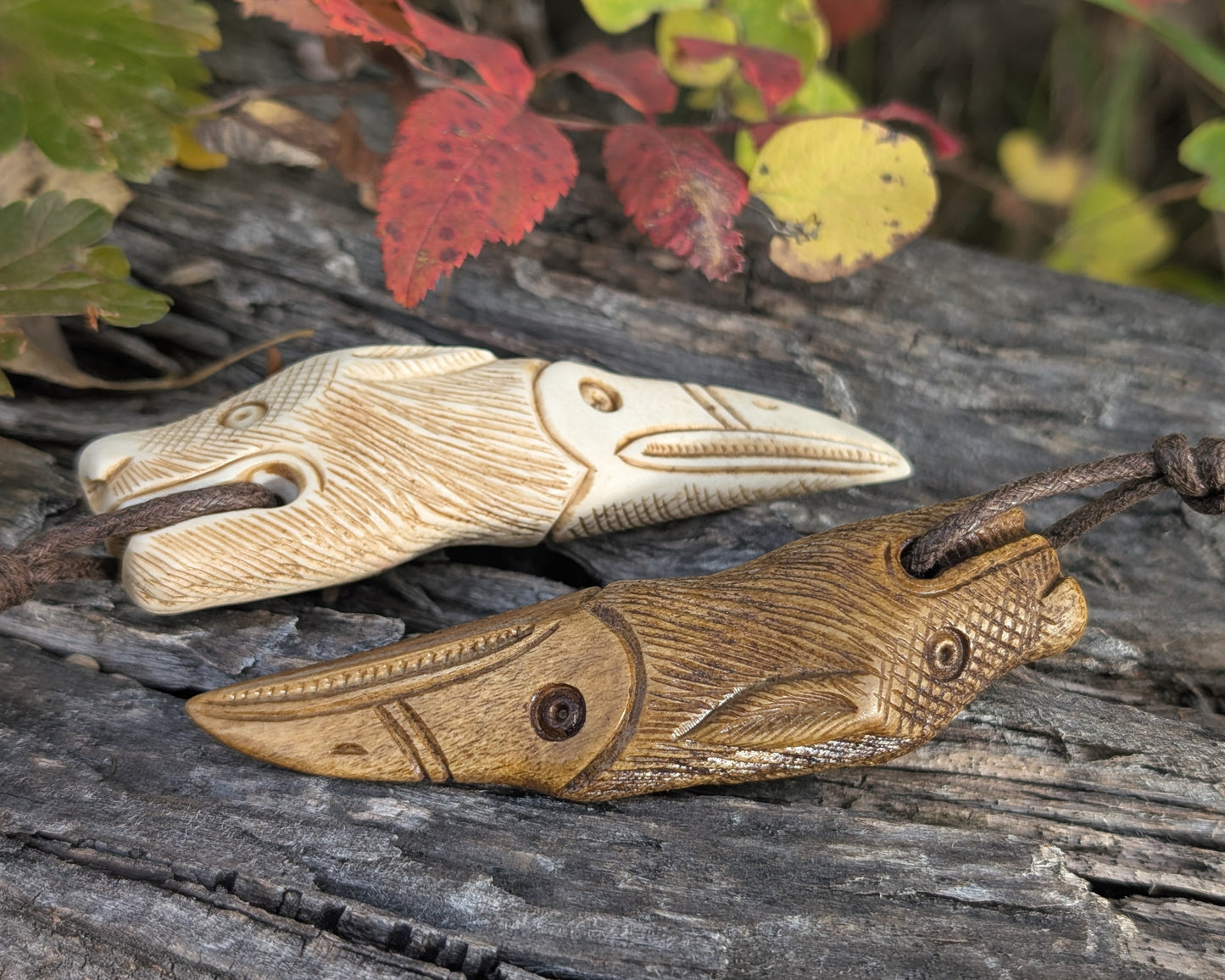 Raven–Wolf Moose Antler Pendant, Hand-Carved Viking-Style Amulet