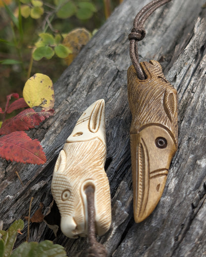 Raven–Wolf Moose Antler Pendant, Hand-Carved Viking-Style Amulet