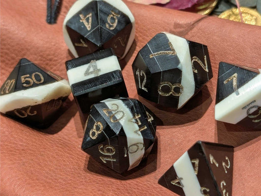 Hand-Carved Bone & Buffalo Horn DnD Dice Set with Leather Bag