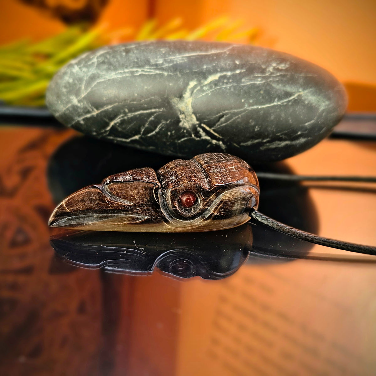 Raven Skull Pendant with Natural Stone Eyes – Hand-Carved Buffalo Horn Viking Necklace