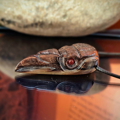 Raven Skull Pendant with Natural Stone Eyes – Hand-Carved Buffalo Horn Viking Necklace