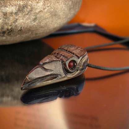 Raven Skull Pendant with Natural Stone Eyes – Hand-Carved Buffalo Horn Viking Necklace