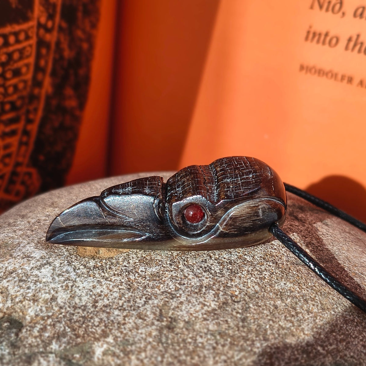 Raven Skull Pendant with Natural Stone Eyes – Hand-Carved Buffalo Horn Viking Necklace