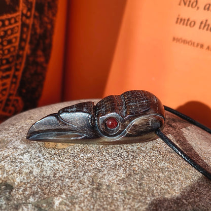 Raven Skull Pendant with Natural Stone Eyes – Hand-Carved Buffalo Horn Viking Necklace