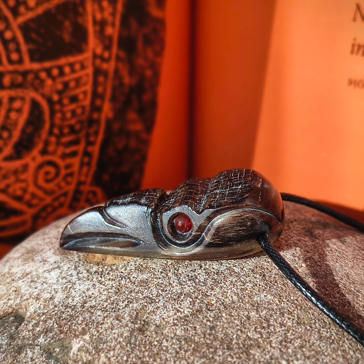 Raven Skull Pendant with Natural Stone Eyes – Hand-Carved Buffalo Horn Viking Necklace