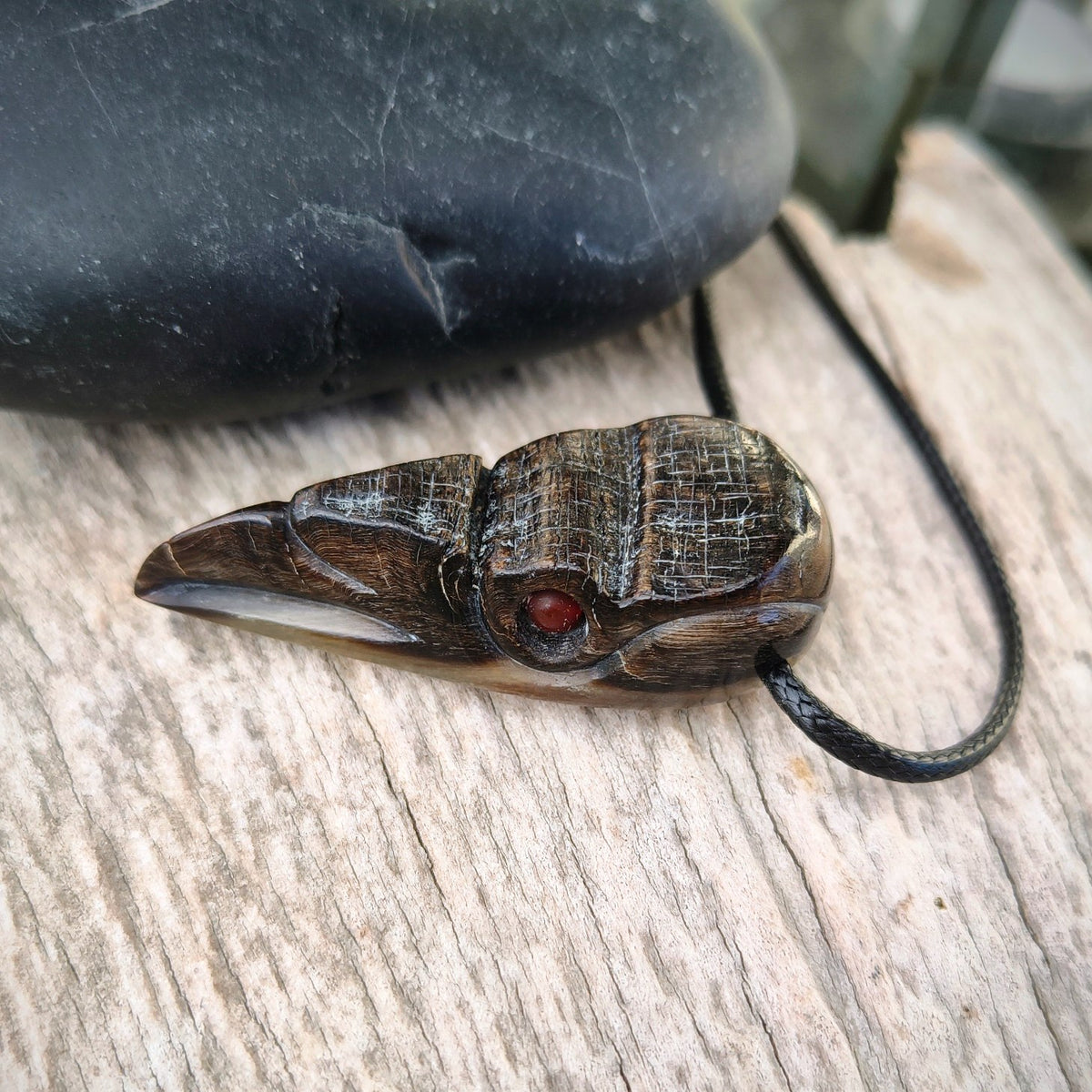 Raven Skull Pendant with Natural Stone Eyes – Hand-Carved Buffalo Horn Viking Necklace
