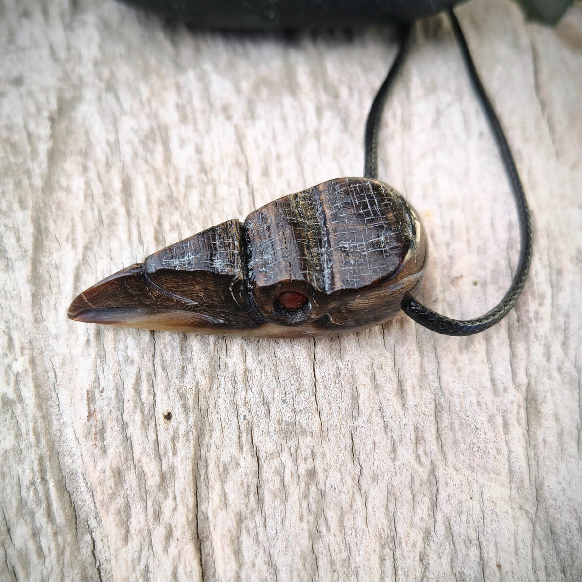 Raven Skull Pendant with Natural Stone Eyes – Hand-Carved Buffalo Horn Viking Necklace