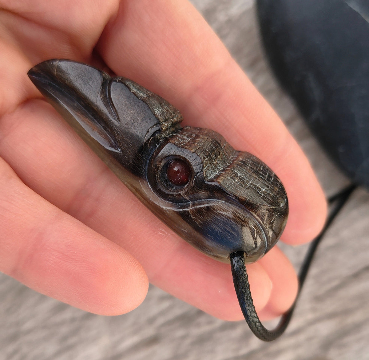 Raven Skull Pendant with Natural Stone Eyes – Hand-Carved Buffalo Horn Viking Necklace