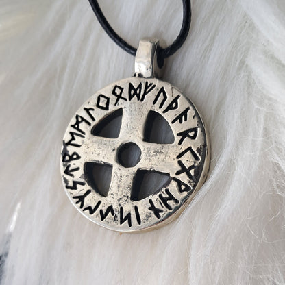 Norse Sun Cross Amulet with Runic Alphabet – Hand-Forged Brass or Pewter
