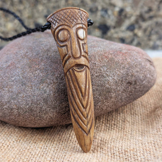 Odin Face Moose Antler Pendant, Hand-Carved Viking-Style Amulet