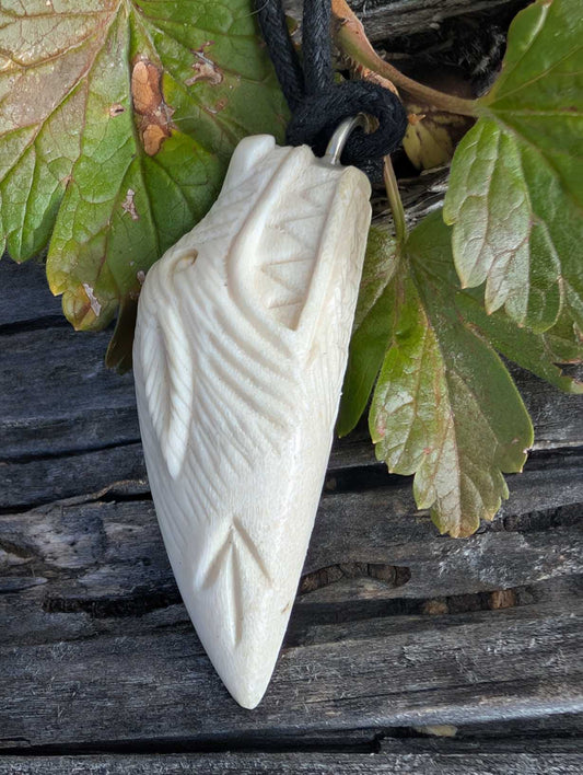 Wolf Pendant with Týr Rune, Viking-Style Hand-Carved Antler Amulet