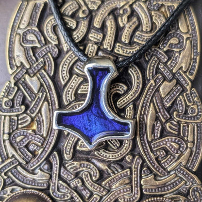 Mjölnir Pewter Pendant with Blue Enamel, Viking-Style Thor’s Hammer